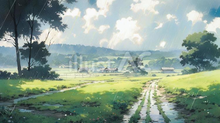 雨降りの田舎町 雨,田舎,住宅のイラスト素材