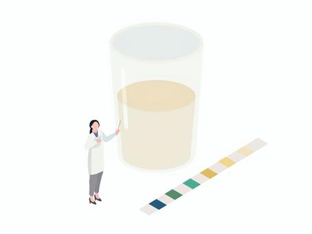 尿の入ったコップと試験紙と医師 尿,尿検査,コップ,容器,試験紙,ph,健康検査,医師,医者,白衣のイラスト素材