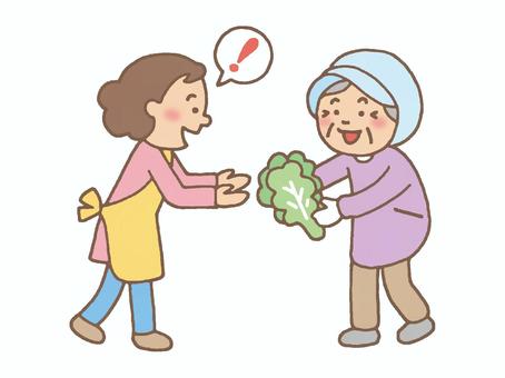 ご近所で野菜のお裾分けをする女性たち お裾分け,野菜,ご近所,農家,家庭菜園,地域,つながり,どうぞ,うれしい,ありがとうのイラスト素材