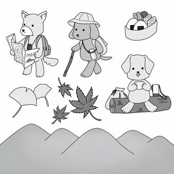 登山する犬まとめ（白黒） 山,山登り,ハイキングのイラスト素材
