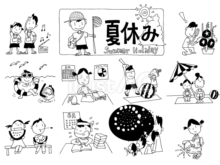 夏休み①　白黒 夏休み,サマーホリデー,ラジオ体操のイラスト素材