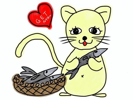 ねことさんま ねこ,動物,さんま,魚,秋,味のイラスト素材