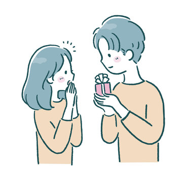 プレゼントとカップル２ プレゼント,ギフト,婚約,クリスマスプレゼント,誕生日,お祝い,ジュエリーボックス,リボン,嬉しい,感動のイラスト素材