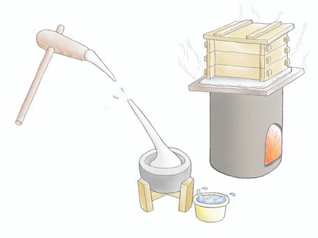 餅つきセット0152 餅つき,餅,杵,石臼,せいろ,蒸し器,かまど,冬のイラスト素材