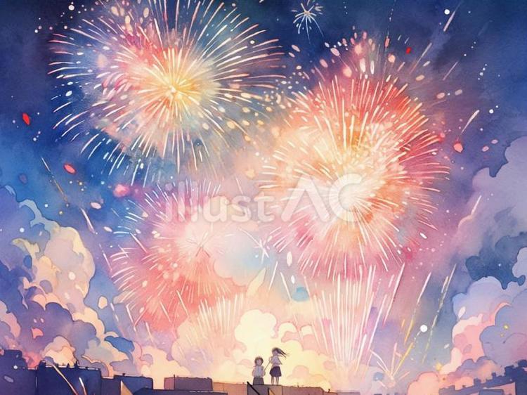夏休みの花火大会の水彩画 花火,花火大会,夏のイラスト素材