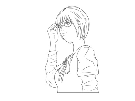 お洒落なファッションの眼鏡女子 地味,眼鏡,萌え系,ショートヘアー,女性,手書き,可愛い,美人,お洒落,自然体のイラスト素材