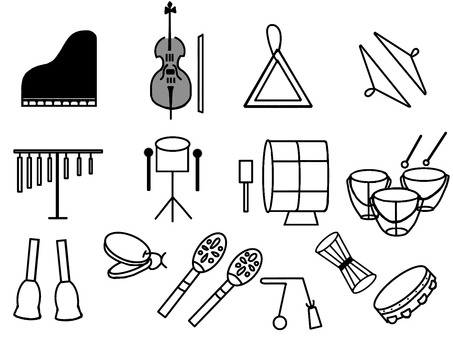 HOBBY　ITEM“音楽鑑賞・楽器” 音楽,鑑賞,楽器,ピアノ,チェロ,趣味,シンバル,トライアングル,スネアドラム,大太鼓のイラスト素材
