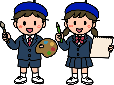 ネイビーのベレー帽の美術の子供たちです。 ネイビー,ベレー帽,美術,シンプル,画家,描く,お絵描き,教育,アート,絵画のイラスト素材
