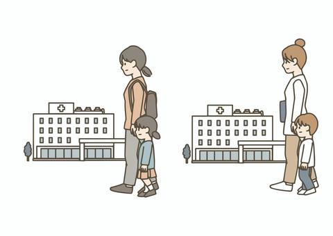 病院に行く母親と子どものイラスト 病院,通院,子ども,母親,親子,小児科,医療,健康,体調不良,保健のイラスト素材
