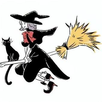 ほうきに乗った魔女の女の子と黒猫 ハロウィン,トリックオアトリート,秋,10月,魔女,女の子,ほうき,黒猫,人物,ファンタジーのイラスト素材