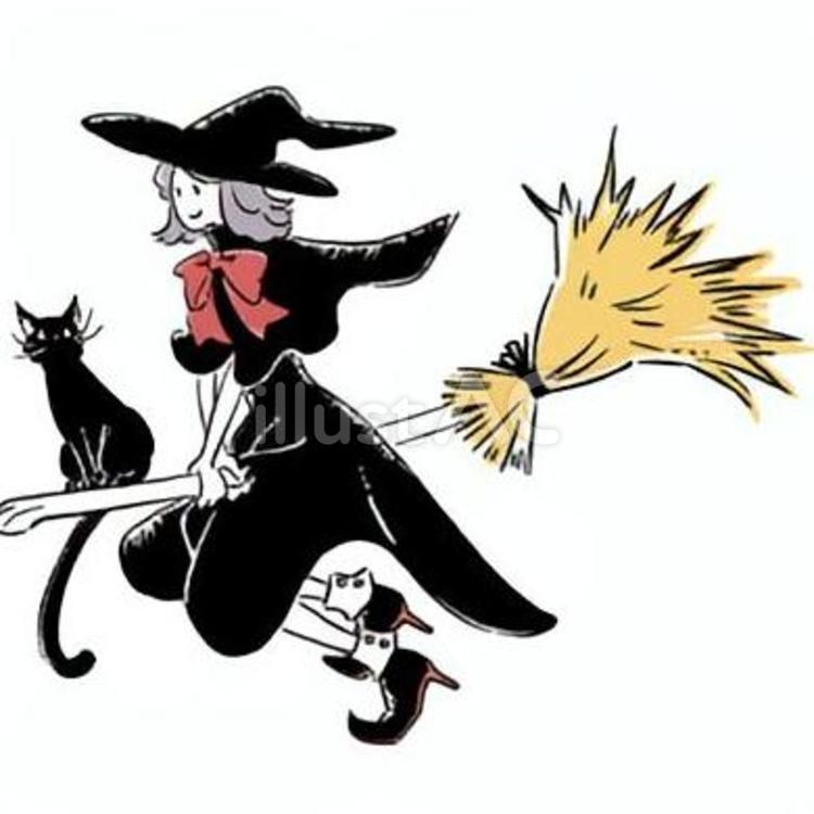 ほうきに乗った魔女の女の子と黒猫 ハロウィン,トリックオアトリート,秋のイラスト素材