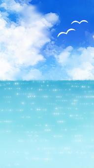 青い海と青い空と渡り鳥　縦型 海,青空,渡り鳥,雲,波,キラキラ,縦型,背景,壁紙,夏のイラスト素材