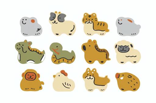 張子風の十二支のイラストセット② 十二支,干支,張子,子,丑,寅,卯,辰,巳,午のイラスト素材