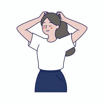 髪を結ぶカジュアルな女性 女性,髪,結ぶ,若者,カジュアル,笑顔,リラックス,ポーズ,シンプル,イラストのイラスト素材