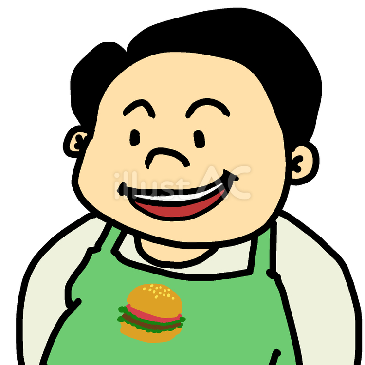 笑顔なエプロン姿のメタボおじさんA エプロン,料理,ハンバーガーのイラスト素材