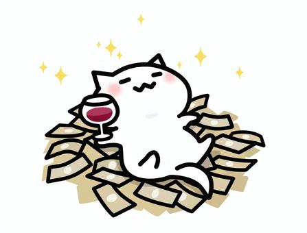 ワインを持つお金持ちの可愛いねこイラスト お金持ち,リッチ,お金,お札,キラキラ,ワイン,かわいい,猫,ゆるい,手描きのイラスト素材