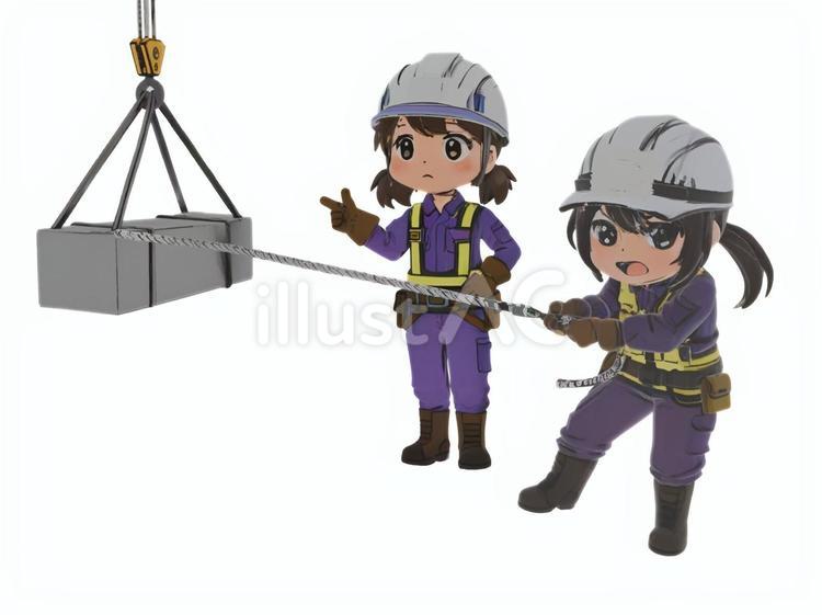建設土木工事現場玉掛け者介錯ロープ作業員 介錯ロープ,介添えロープ,3・3・3運動のイラスト素材