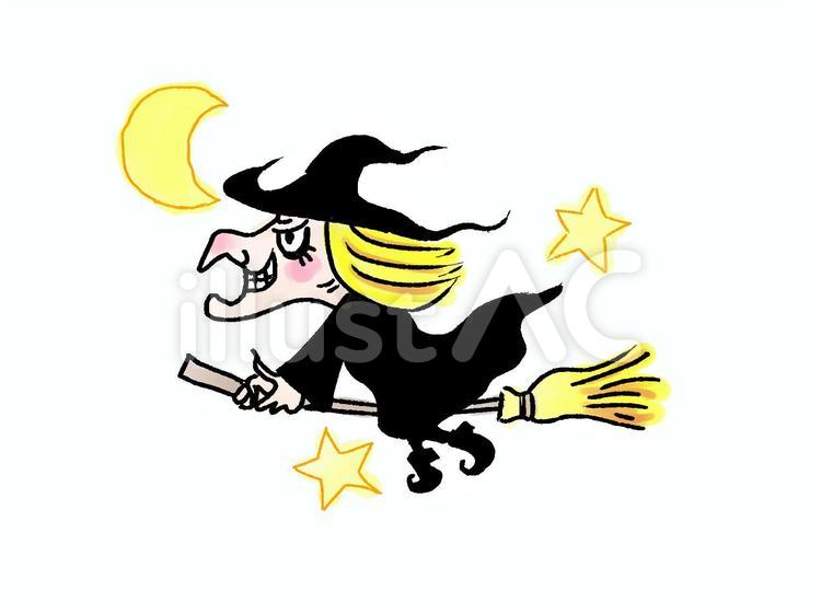 夜空をほうきで飛ぶ魔法使いのおばあさん 魔女,おばあさん,魔法のイラスト素材