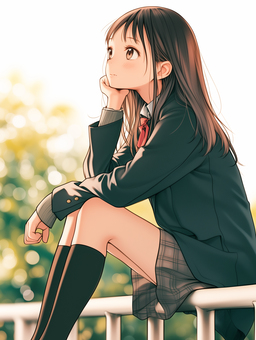 school_girl81 美少女,制服,高校生,頬杖,ポーズ,手すり,少女,女の子,女子高生,ストレートヘアのイラスト素材