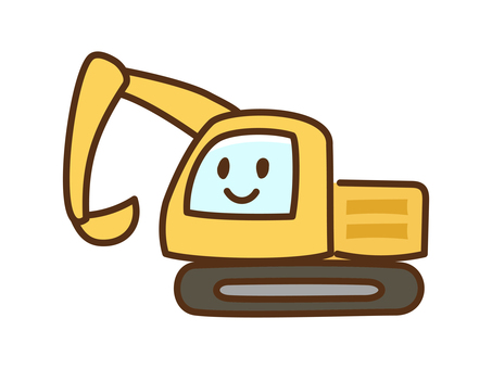 くるま_顔あり主線_ショベルカー 車,ショベルカー,パワーショベル,乗り物,重機,工事,現場,建設,かわいい,シンプルのイラスト素材