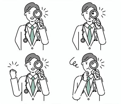 虫眼鏡をのぞくお医者さん　ポーズ集 虫眼鏡,医者,聴診器,医療,のぞく,観察,見る,発見,病院,人差し指のイラスト素材