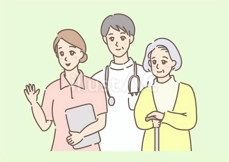 穏やかな看護師と医師とおばあさんの患者 医師,医者,介護のイラスト素材