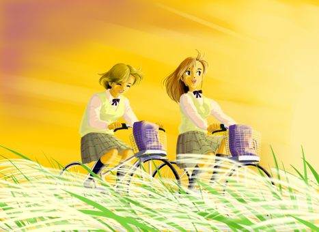 帰り道ススキ路しゃべくり道 秋,ススキ,帰り道,自転車,友達,女子高校生,夕焼け,おしゃべり,笑顔のイラスト素材