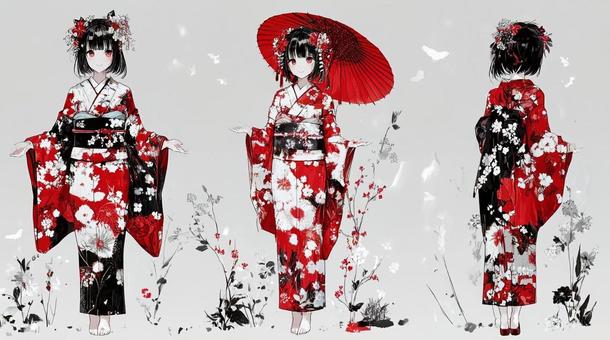 華やかな和装少女と赤い和傘