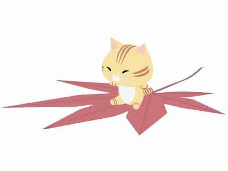 紅葉に乗るちゃとら猫 紅葉,猫,ちゃとら,動物,かわいい,秋,植物のイラスト素材
