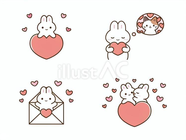 ハートとうさぎのイラストセット バレンタイン,バレンタインデー,ラブレターのイラスト素材