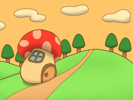 キノコの家の背景(夕方) 背景,風景,ファンタジー,キノコ,家,木,道,雲,空,夕方のイラスト素材