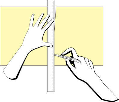 カッターナイフ切る　 カッターナイフ,切る,紙,定規,文具,作業,工作,手,線画,黄のイラスト素材