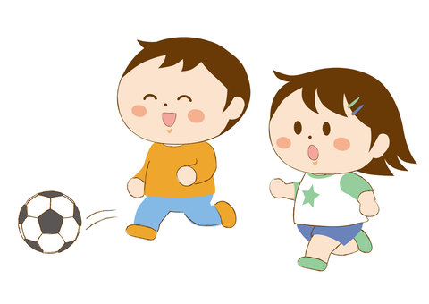 サッカーする子供 サッカー,遊ぶ,男の子,女の子,手書き風,走る,サッカーボール,ボール,追いかける,白背景のイラスト素材