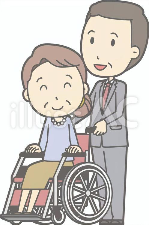 中年男スーツ-車椅子押す-全身 シンプル,イラスト,かわいいのイラスト素材