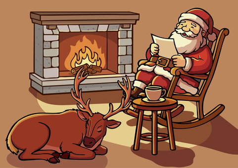 子供からの手紙を読むサンタクロース サンタクロース,サンタ,手紙,ロッキングチェア,安楽椅子,笑顔,暖炉,トナカイ,珈琲,コーヒーのイラスト素材
