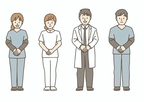 笑顔で並んで立つ医療・介護従事者 医療従事者,医師,ドクター,看護師,ナース,介護士,ヘルパー,スタッフ,専門職,集合のイラスト素材