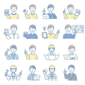 ビジネス系の男性人物アイコンセット 人物,アイコン,男性,ビジネス,セット,顔,指さし,仕事,職業,営業のイラスト素材