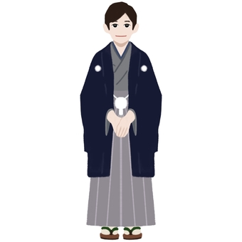 年末年始やお祝い事の御挨拶　年賀状 御挨拶,祝辞,男性,全身,着物,袴姿,年末年始,年賀状,新年会,忘年会のイラスト素材