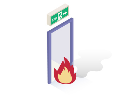 非常口が燃える 非常口,避難経路,出口,火災,火事,火,煙,トラブル,アイソメ,おしゃれのイラスト素材