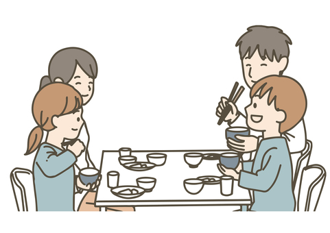 子供の話を聞く楽しい食事 家族,食事,団欒,会話,傾聴,笑顔,楽しい,子供,親子,夫婦のイラスト素材