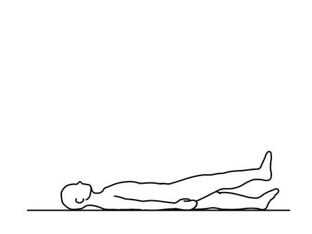 仰向けで伸ばした片足を少し浮かせる人 臥位,仰向け,エクササイズ,横向き,線画,白黒のイラスト素材