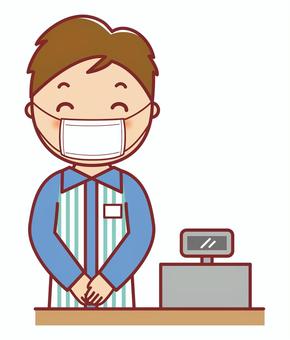 マスク姿のコンビニ店員　男性　イラスト コンビニ,男性,店員,笑顔,マスク,制服,レジ,アルバイト,バイト,学生のイラスト素材