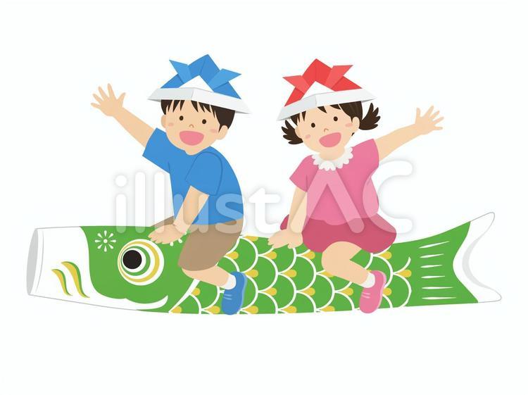 鯉のぼりに乗った子供達 こどもの日,子ども,こどものイラスト素材