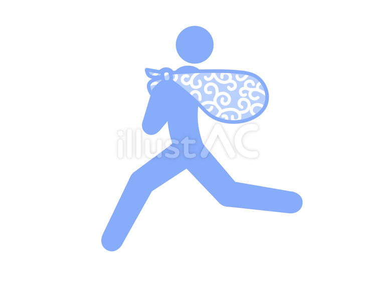 唐草模様の風呂敷を背負って走る人（水色） 人,人物,ピクトグラムのイラスト素材