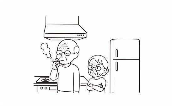 換気扇の下でタバコを吸うおじいちゃん2 人物,タバコ,換気扇,おじいちゃん,おばあちゃん,迷惑,台所,モノクロ,線画のイラスト素材