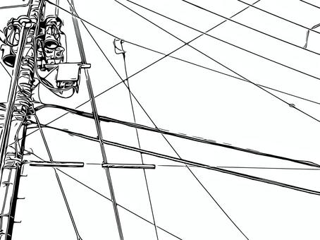 漫画風線画　電柱と電線素材 漫画,コミック,線画,電柱,漫画風線画,白黒線画,電柱イラスト,電線,配電線,街中の電柱のイラスト素材