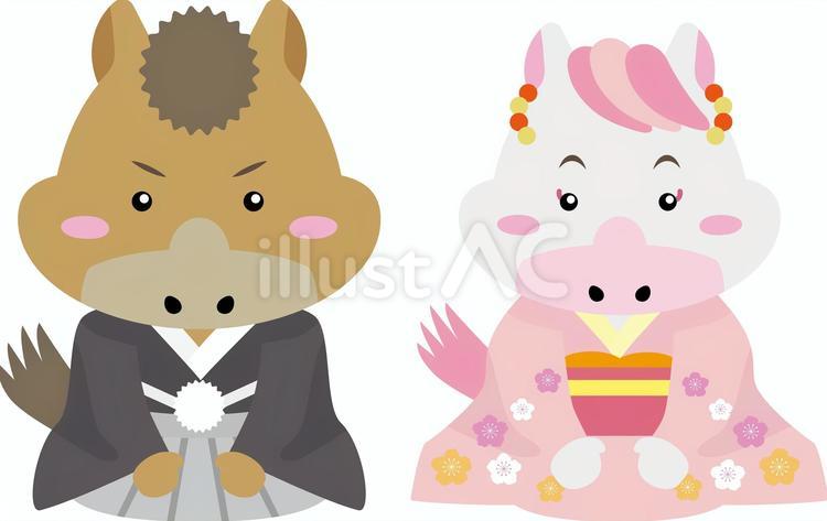 着物の馬キャラクターで迎えるお正月 馬,年賀状,午年のイラスト素材