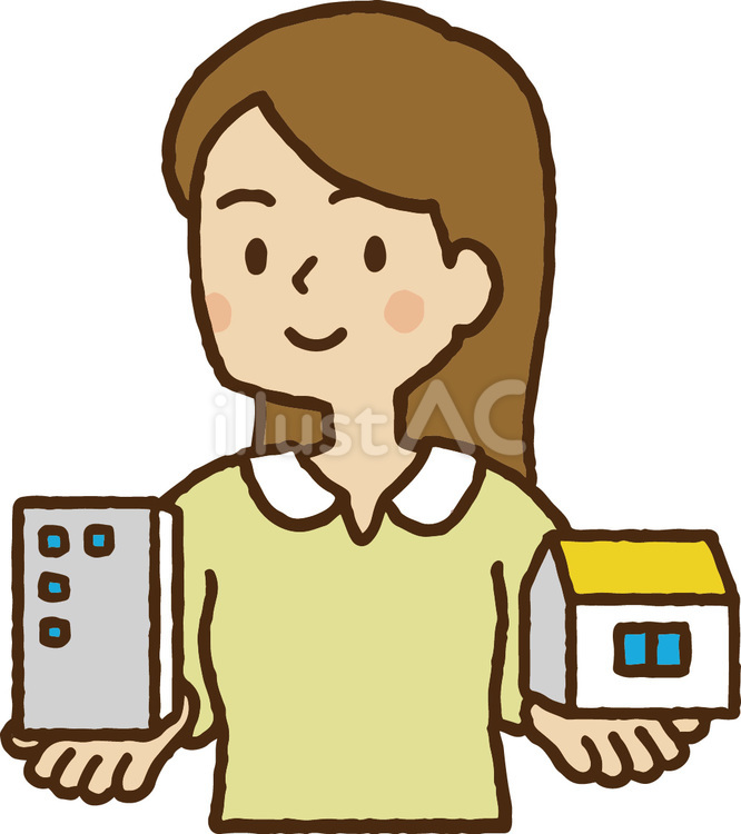 ビルと住宅を持つ女性 人物,女性,手描きのイラスト素材