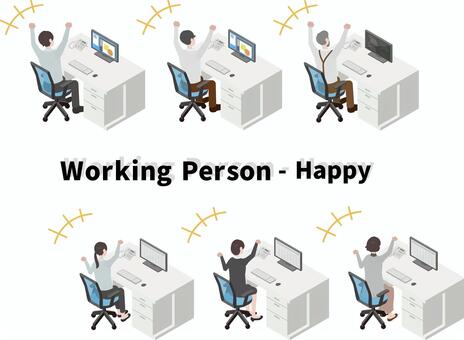 アイソメ_働く人詰合せ：喜び アイソメトリック,オフィス,会社員,喜び,ガッツポーズ,うれしい,男性,女性,オフィスワーク,パソコンのイラスト素材