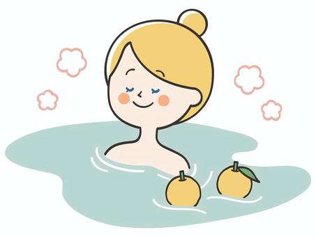 柚子風呂に浸かる白人女性 柚子風呂,温泉,銭湯,お風呂,風呂,入浴,露天風呂,湯船,浸かる,リラックスのイラスト素材